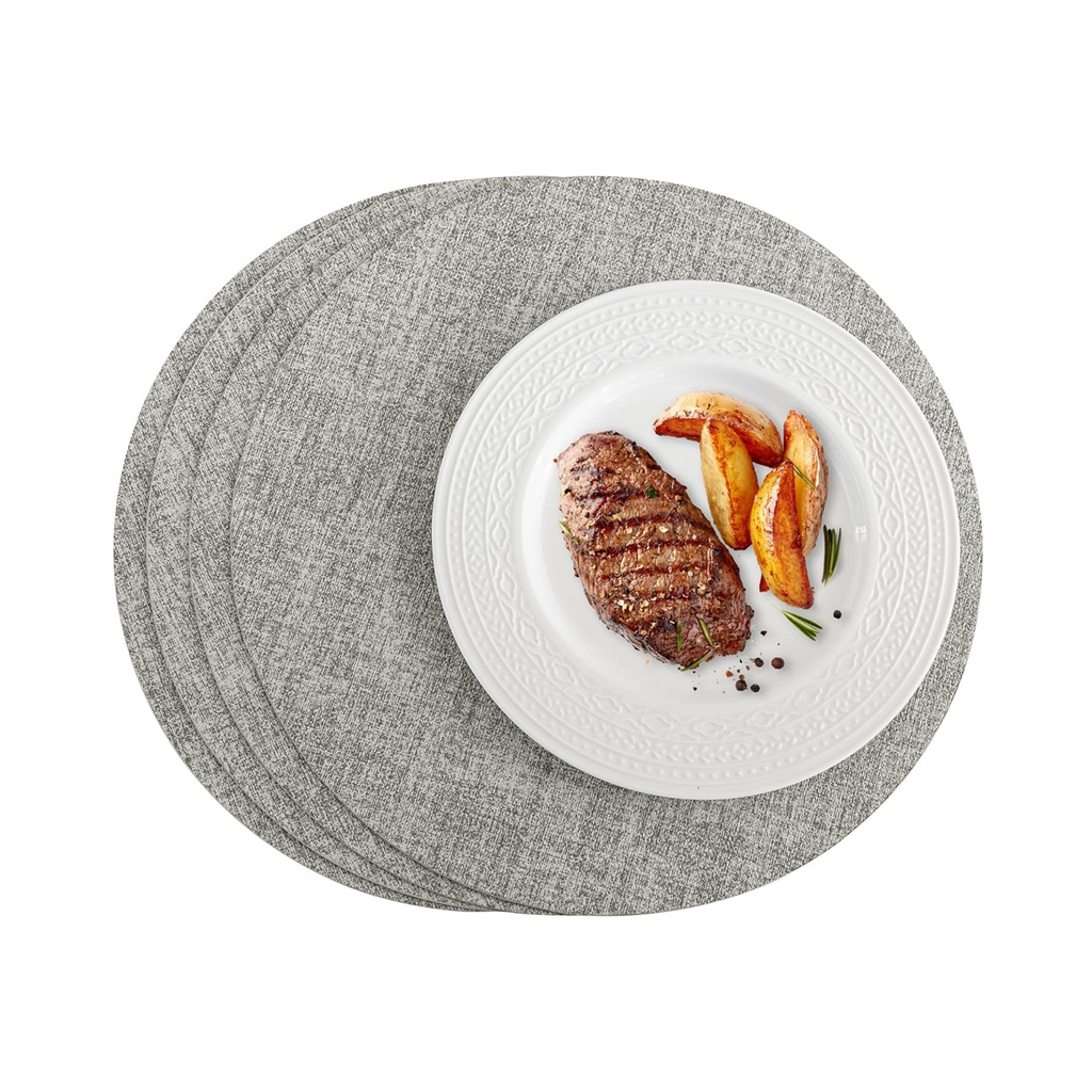 Round Placemats, Faux Leather, Set of 4, Light Grey