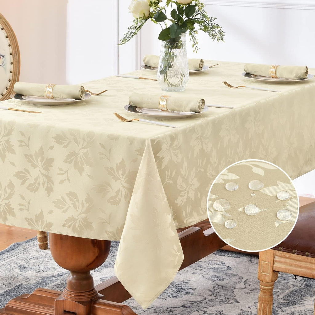 Jacquard Tablecloth, Damask Floral Pattern, Beige, Water Resistant