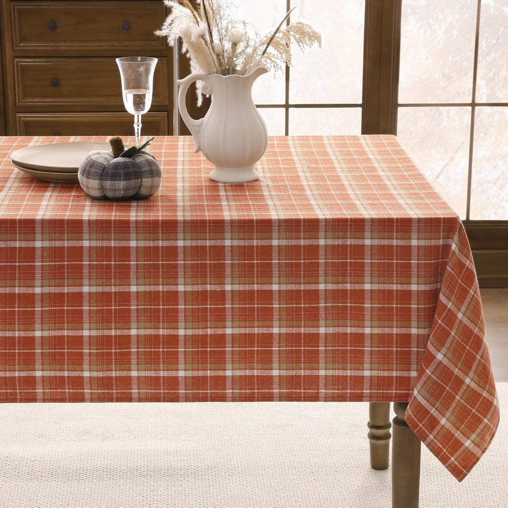 Orange Buffalo Plaid Tablecloth, Cotton Flannel, Washable