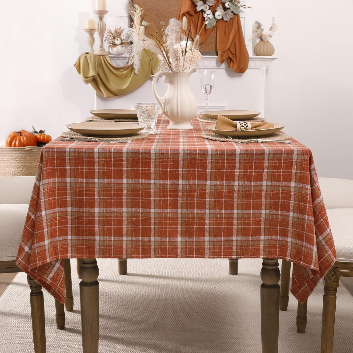 Orange Buffalo Plaid Tablecloth, Cotton Flannel, Washable