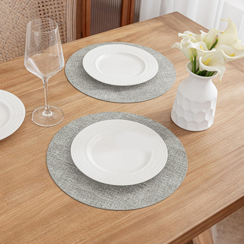Round Placemats, Faux Leather, Set of 4, Light Grey