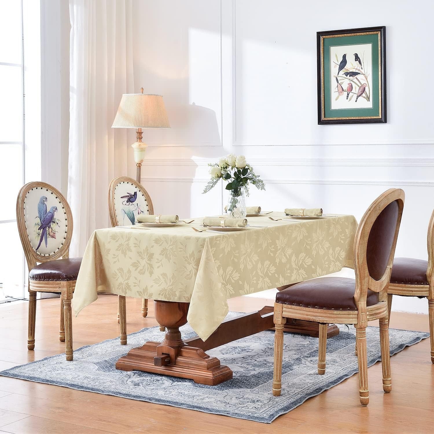 Jacquard Tablecloth, Damask Floral Pattern, Beige, Water Resistant