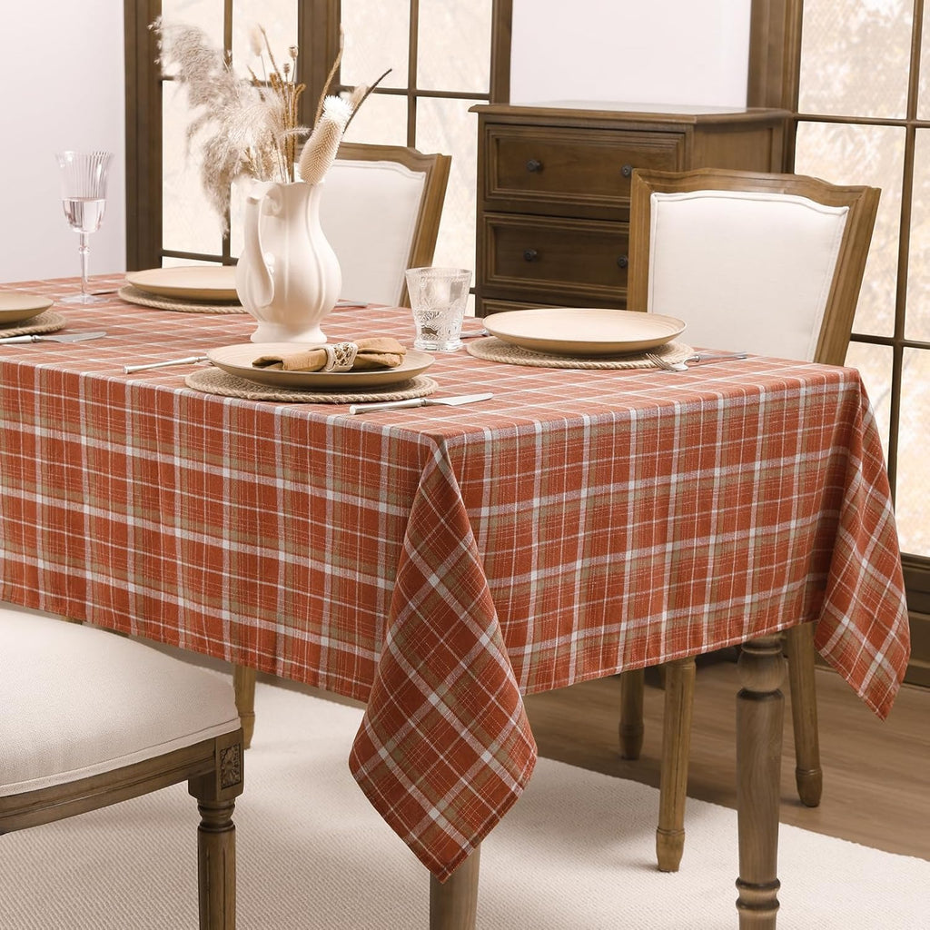 Orange Buffalo Plaid Tablecloth, Cotton Flannel, Washable