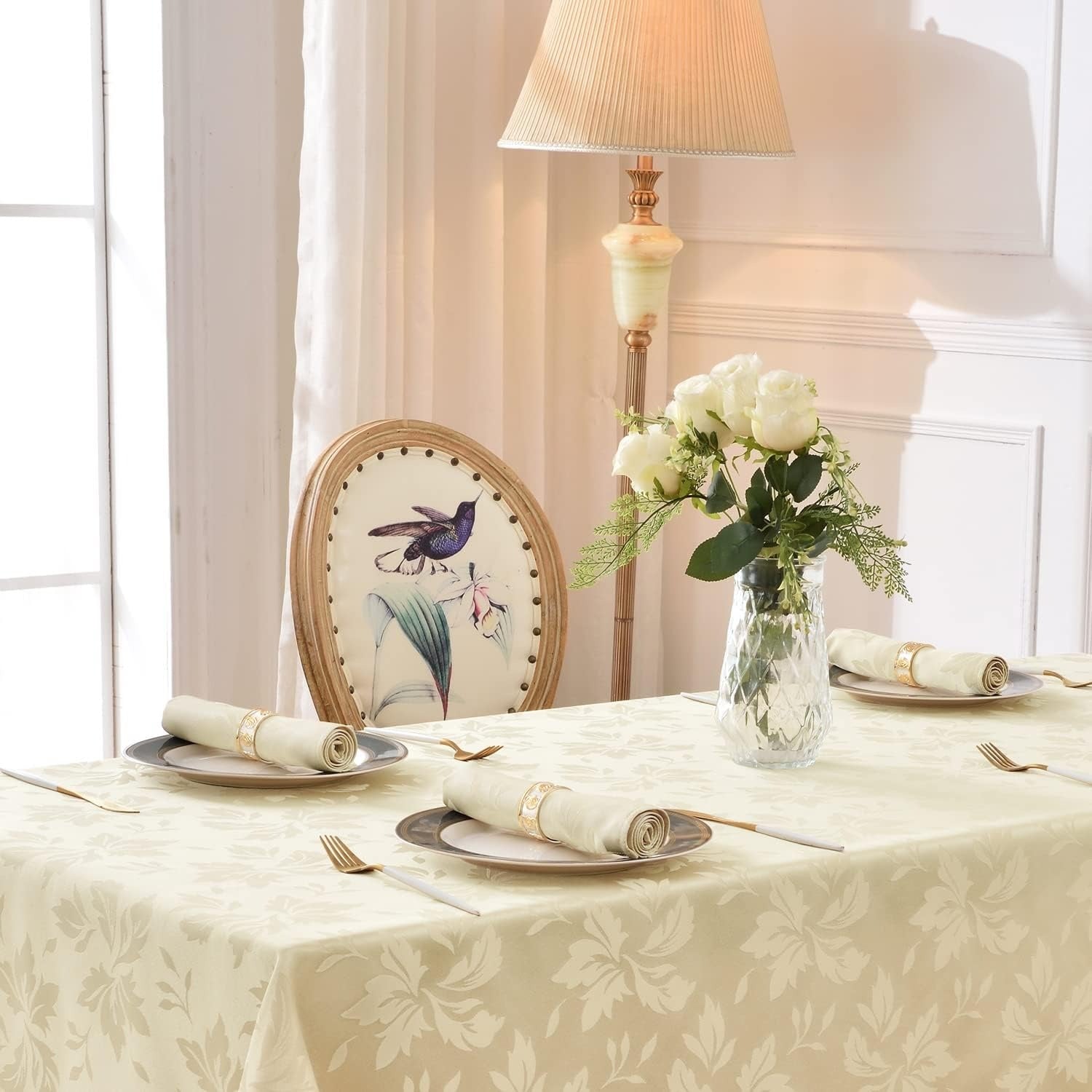 Jacquard Tablecloth, Damask Floral Pattern, Beige, Water Resistant