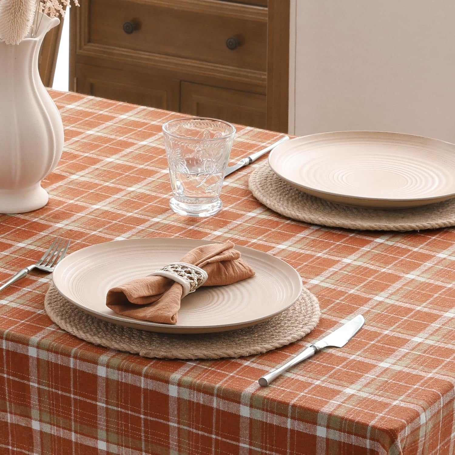 Orange Buffalo Plaid Tablecloth, Cotton Flannel, Washable