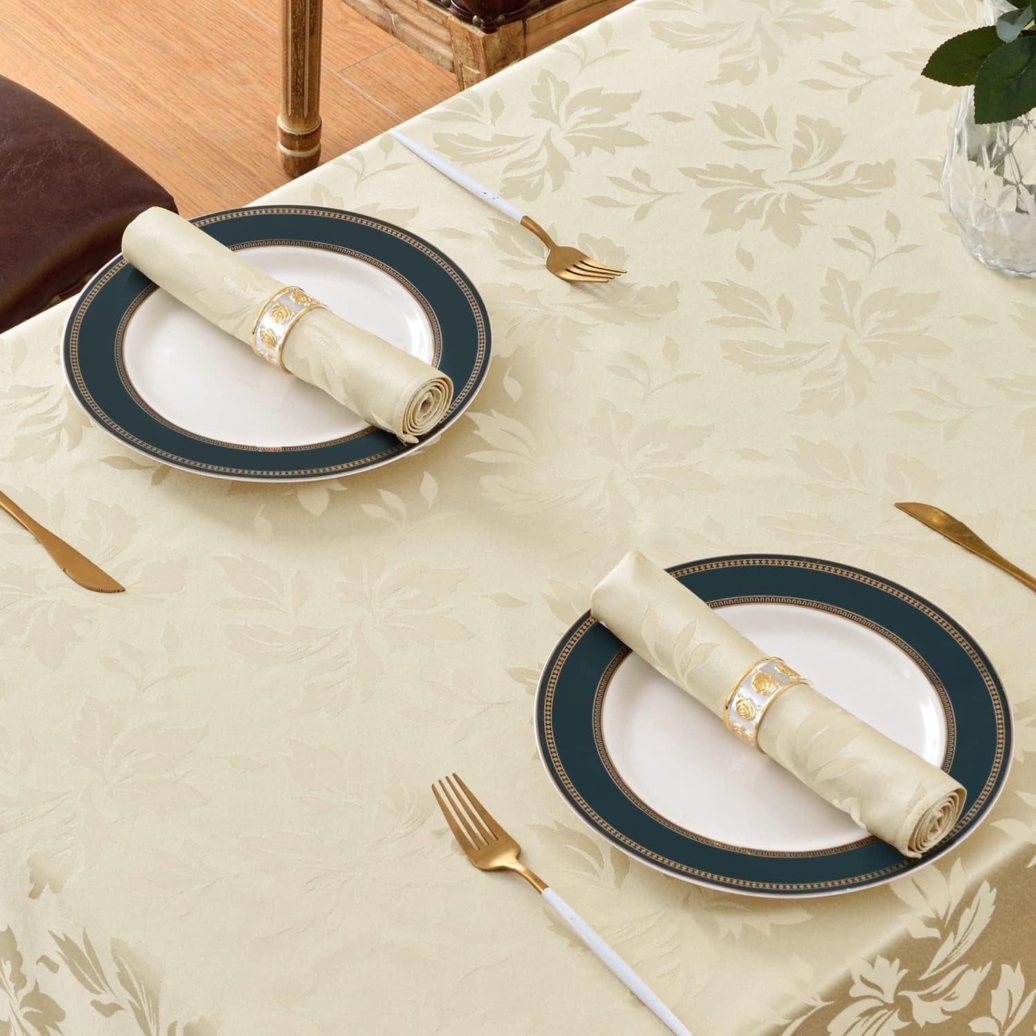 Jacquard Tablecloth, Damask Floral Pattern, Beige, Water Resistant